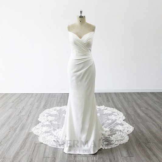 Spaghetti Strpas V Neck Court Train Pleat 3D Flowers Mermaid Wedding Dress