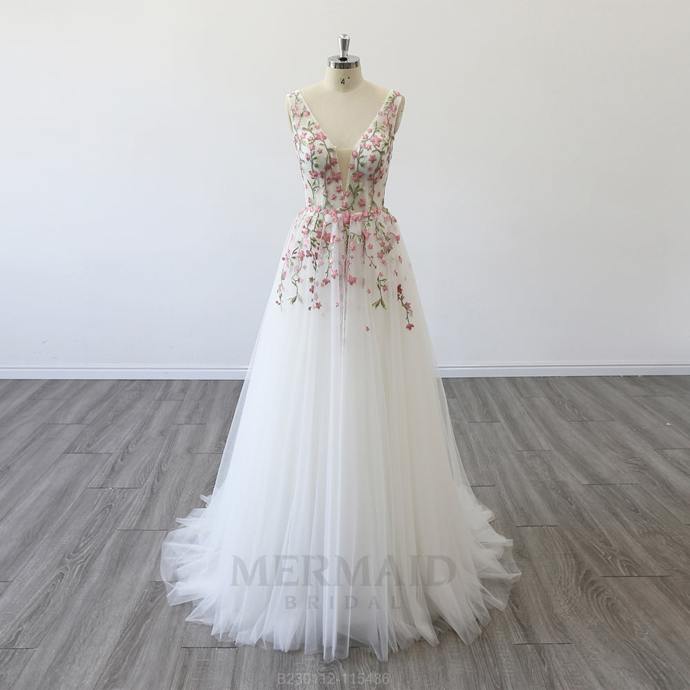 Backless V Neck Sweep Train  Boho Colored Wedding Dress 2023