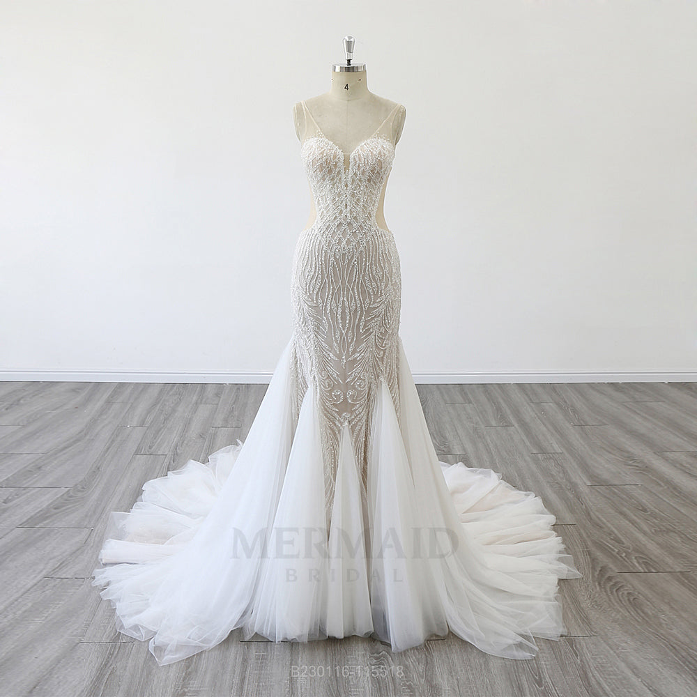 Sexy V Neck Court Train Beaded Mermaid Wedding Dress 2024