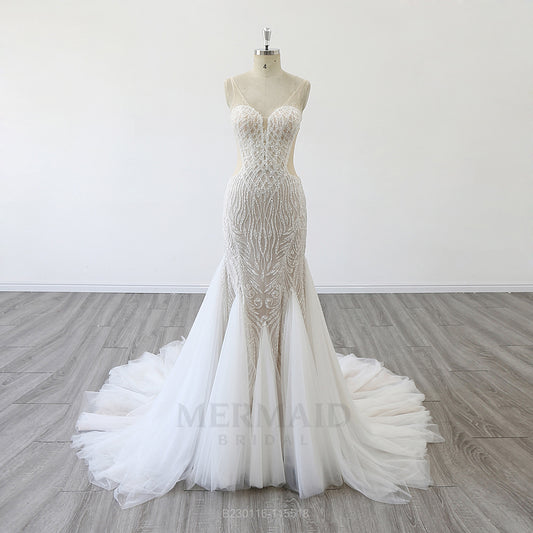 Sexy V Neck Court Train Beaded Mermaid Wedding Dress 2024