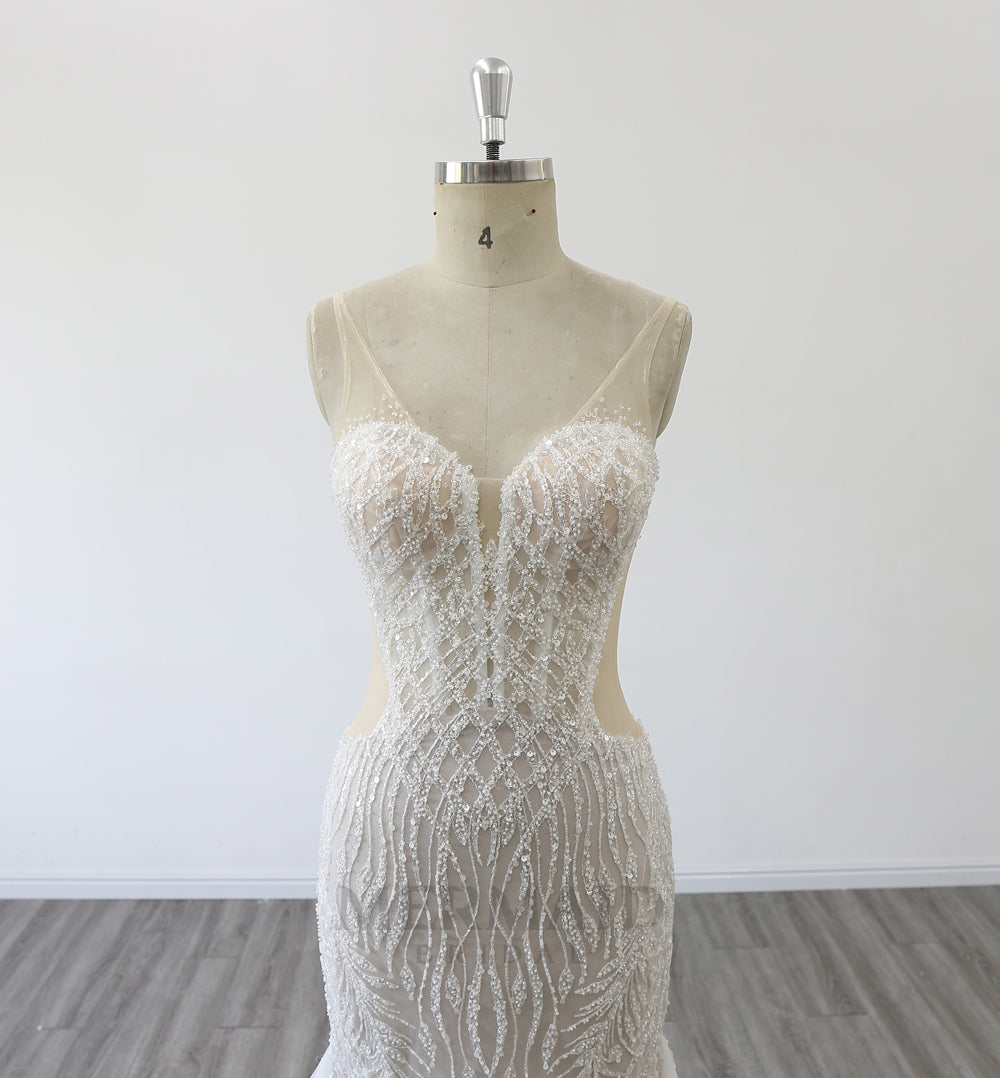 Sexy V Neck Court Train Beaded Mermaid Wedding Dress 2024