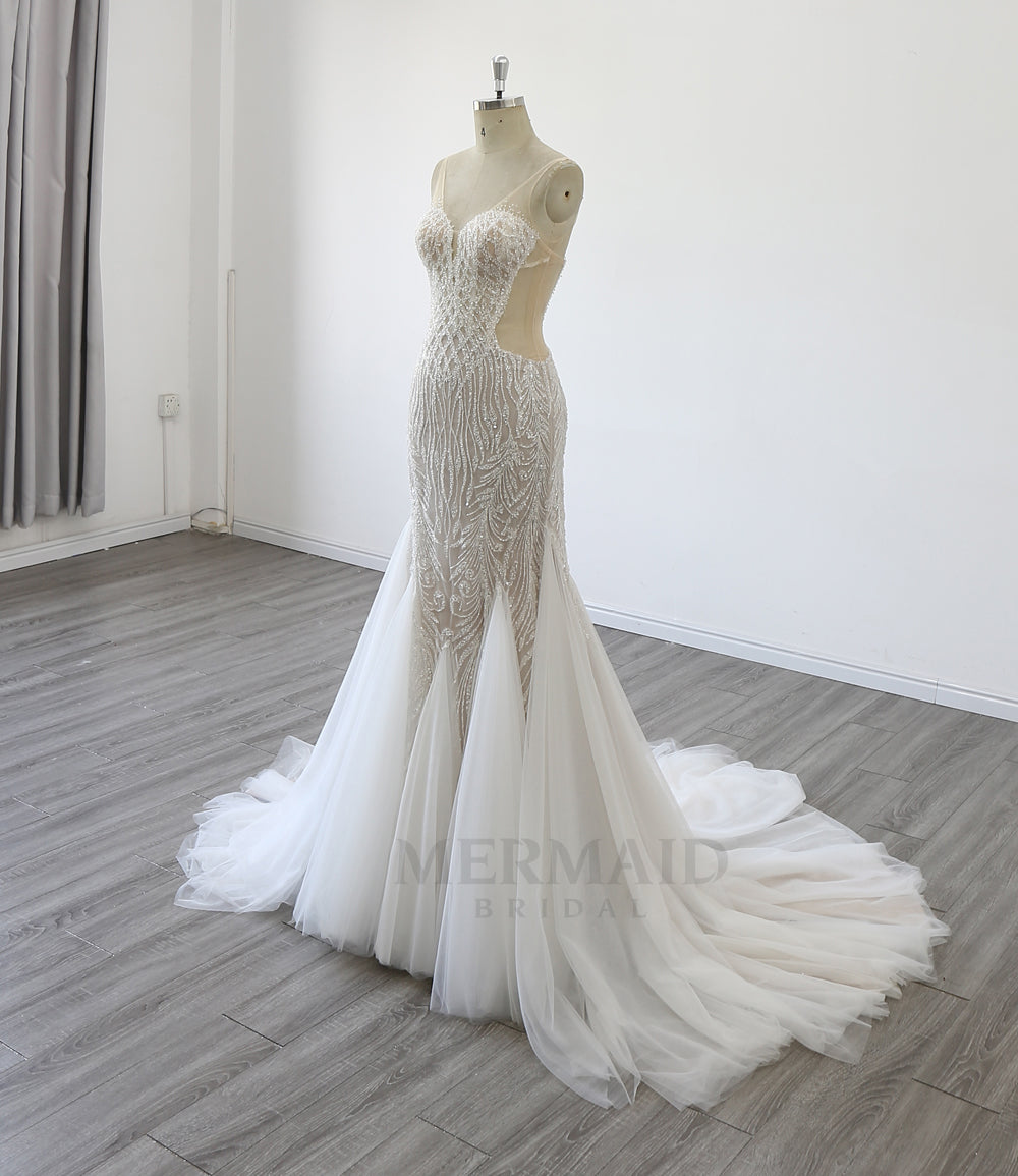 Sexy V Neck Court Train Beaded Mermaid Wedding Dress 2024