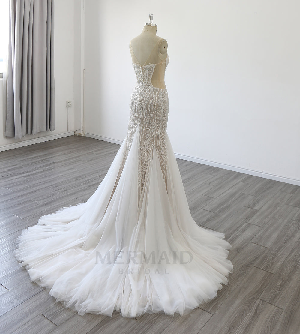 Sexy V Neck Court Train Beaded Mermaid Wedding Dress 2024