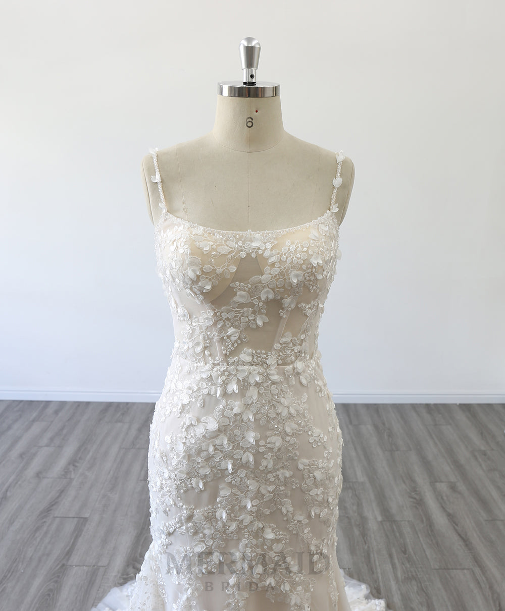 Spaghetti Straps Boat Neck Court Train  3D Flowers Mermaid Wedding Dress