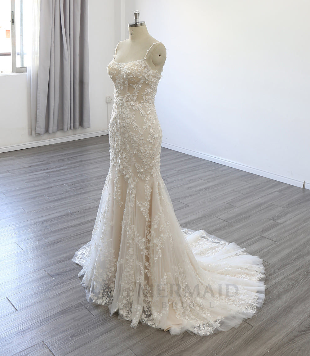 Spaghetti Straps Boat Neck Court Train  3D Flowers Mermaid Wedding Dress