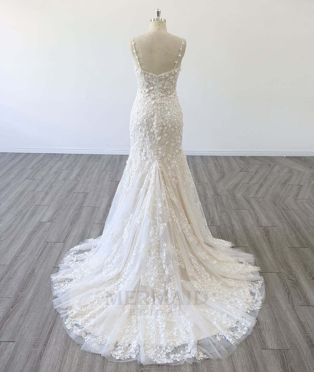 Spaghetti Straps Boat Neck Court Train  3D Flowers Mermaid Wedding Dress