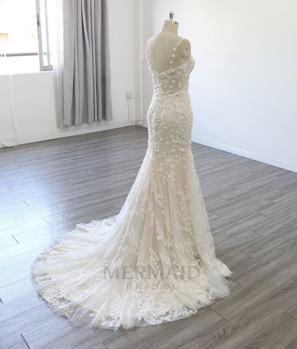 Spaghetti Straps Boat Neck Court Train  3D Flowers Mermaid Wedding Dress