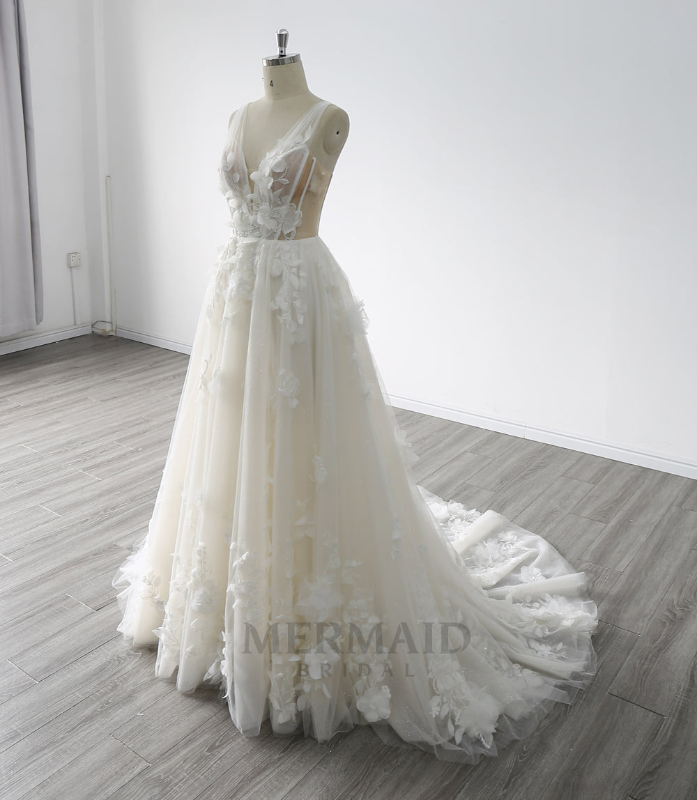 New V-Neck Illusion Back 3D Flowers Lace Court Train A-Line Wedding Dress 2024