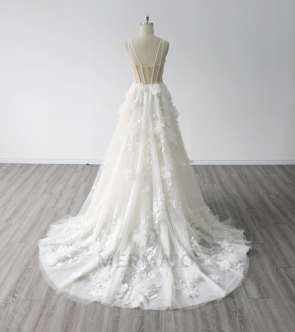 New V-Neck Illusion Back 3D Flowers Lace Court Train A-Line Wedding Dress 2024