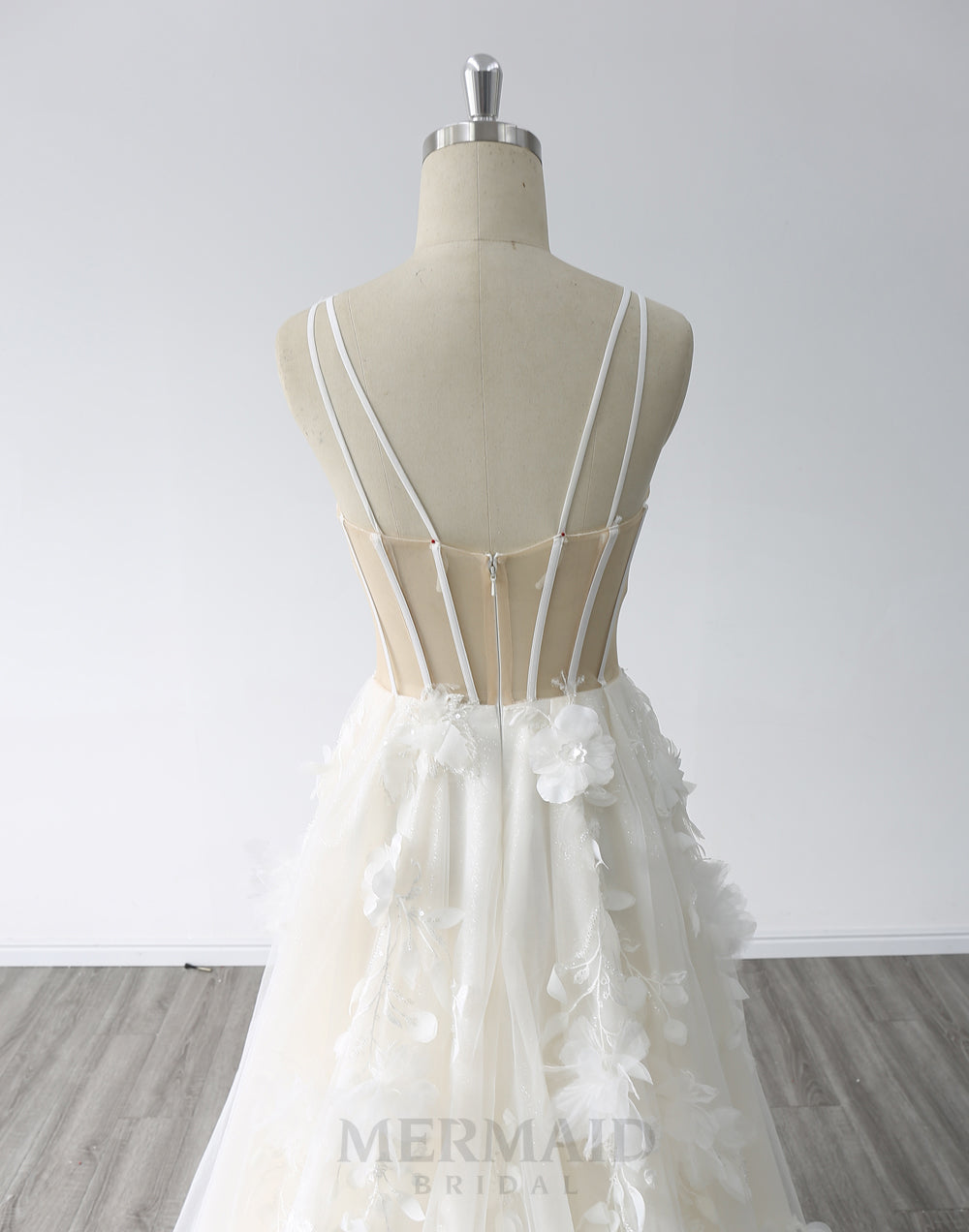 New V-Neck Illusion Back 3D Flowers Lace Court Train A-Line Wedding Dress 2024