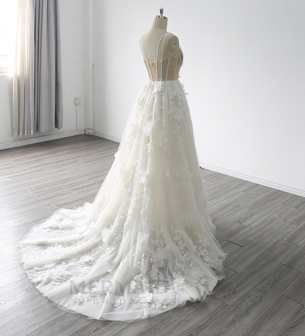 New V-Neck Illusion Back 3D Flowers Lace Court Train A-Line Wedding Dress 2024