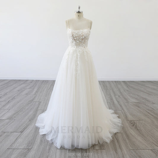 Spaghetti Straps Boat Neck 3D Flowers  Beach Outdoor Boho Wedding Dress 2024