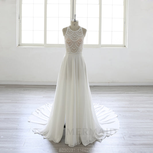 New Halter Neck Court Train Chiffon  Bohemian Beach Outdoor Slit Boho Wedding Dress