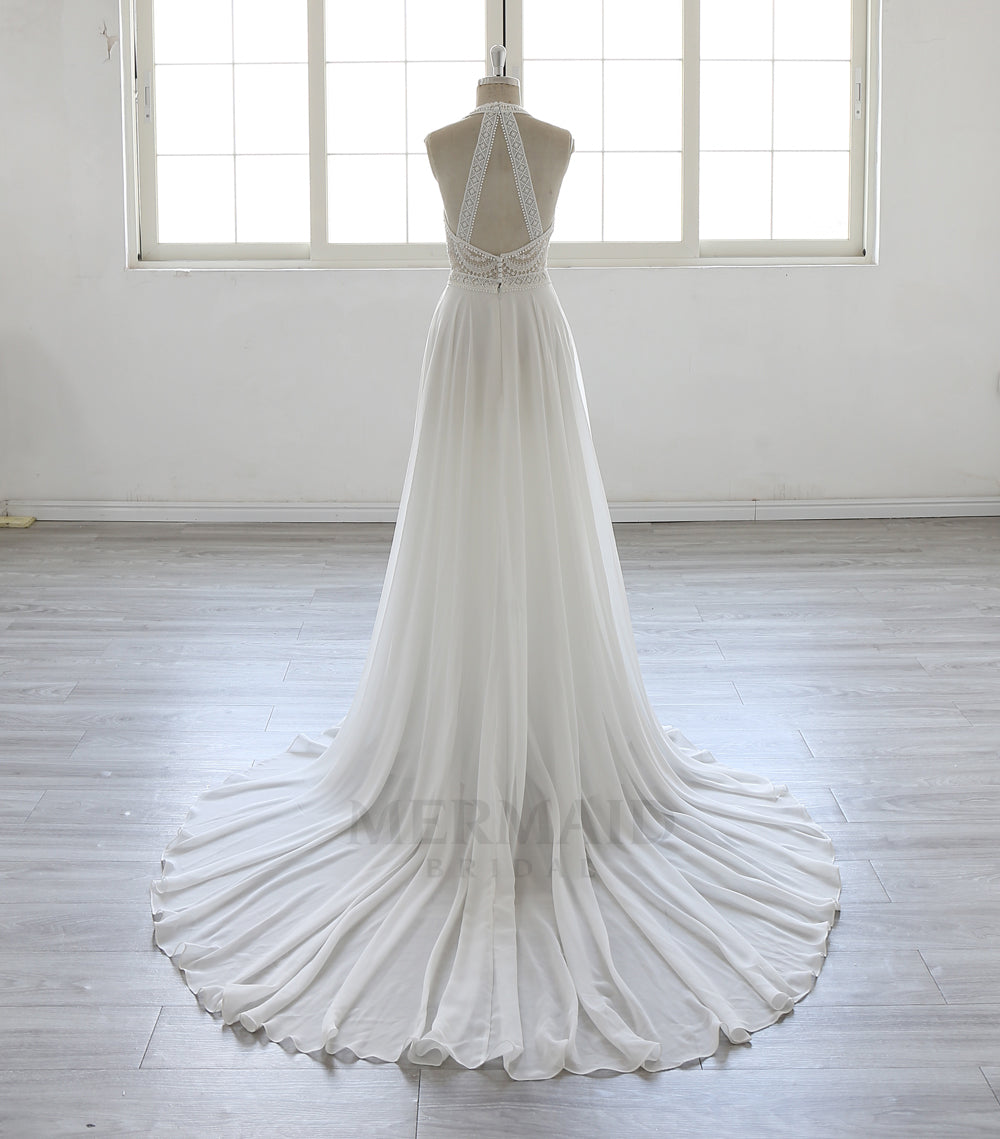 New Halter Neck Court Train Chiffon  Bohemian Beach Outdoor Slit Boho Wedding Dress