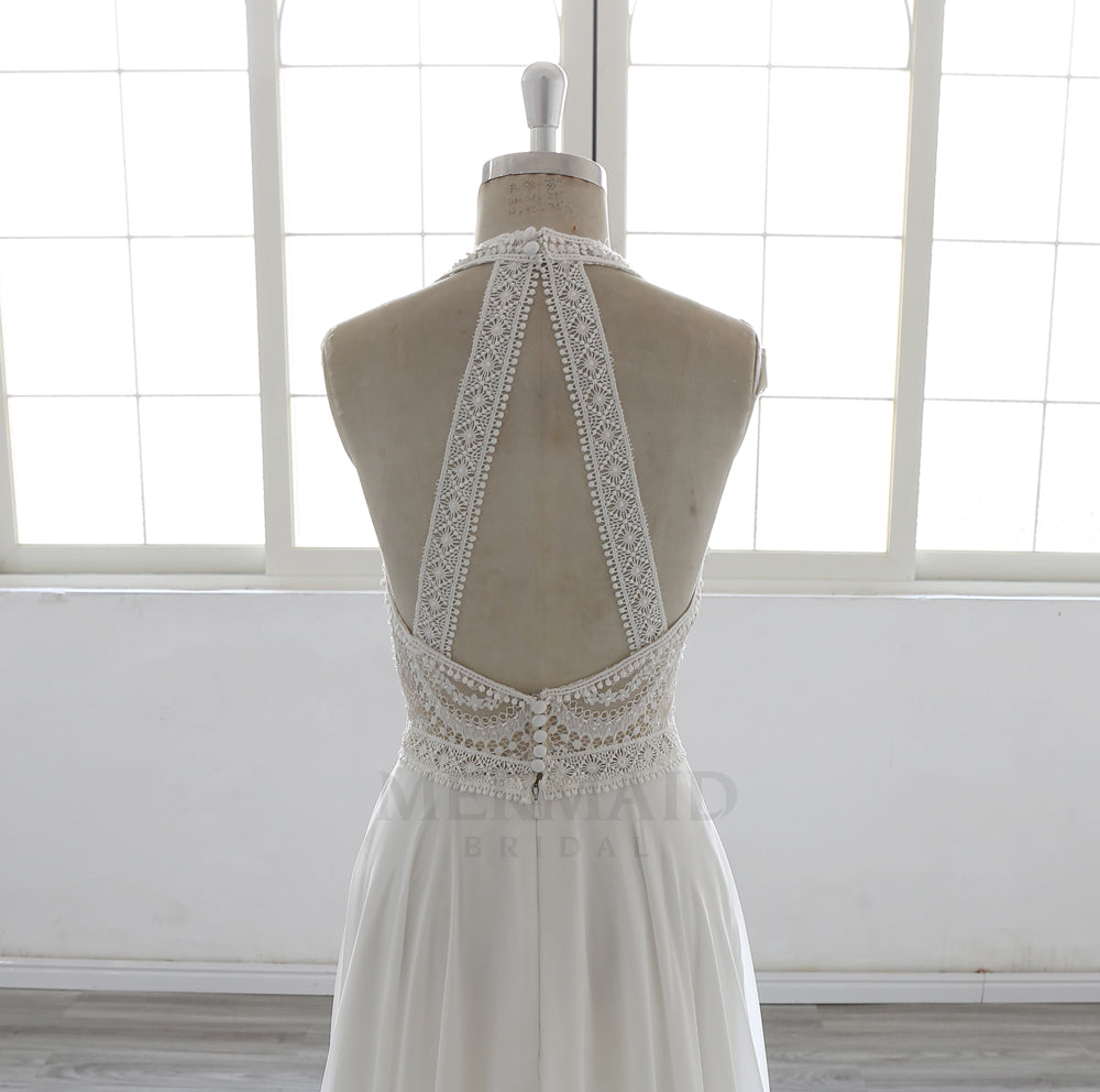 New Halter Neck Court Train Chiffon  Bohemian Beach Outdoor Slit Boho Wedding Dress