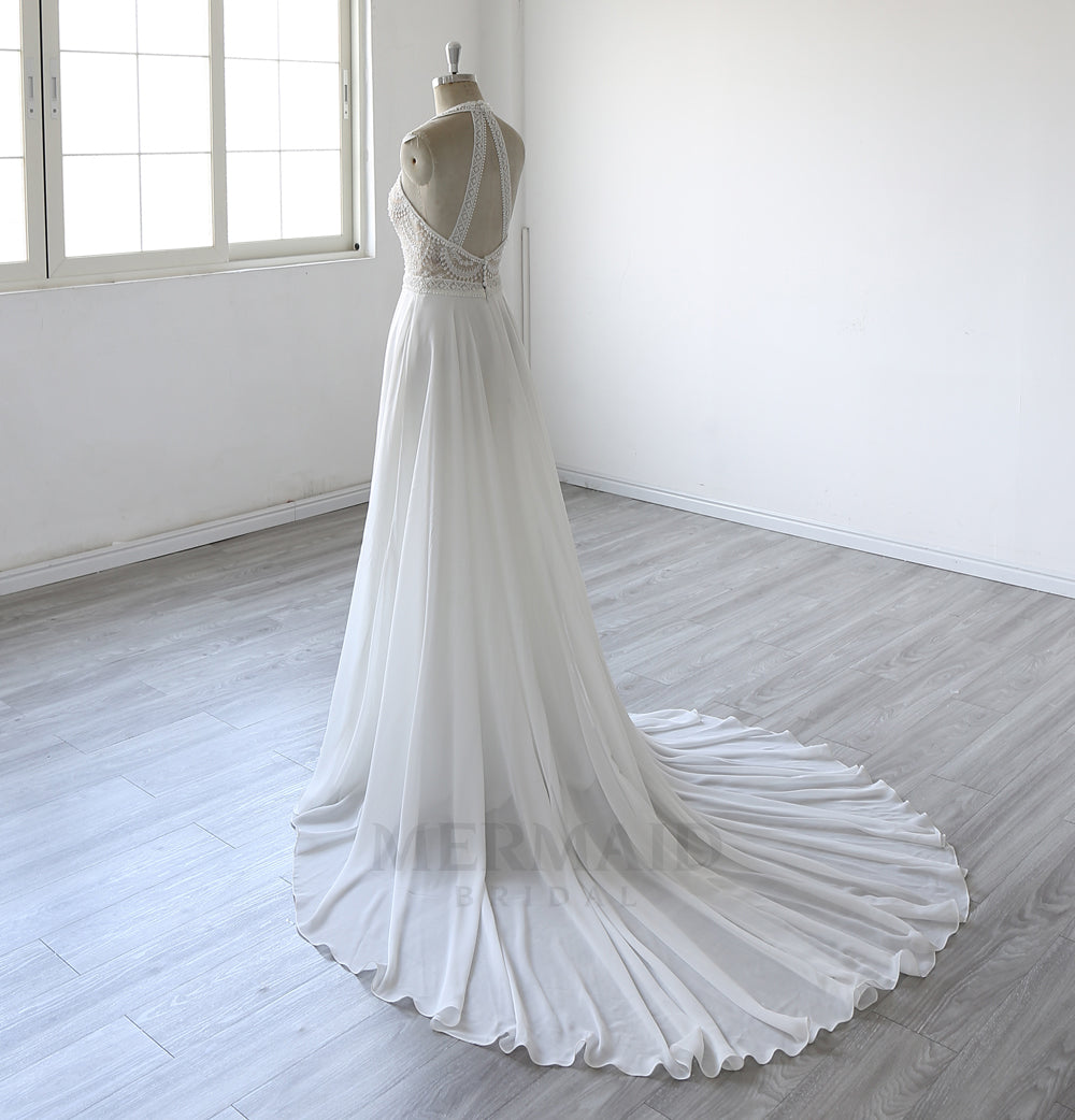 New Halter Neck Court Train Chiffon  Bohemian Beach Outdoor Slit Boho Wedding Dress