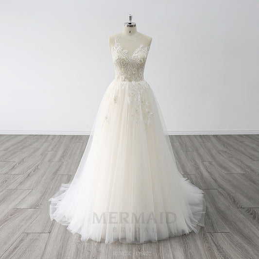 New Scoop Neck Sweep Train Pleated Tulle A Line Wedding Dress
