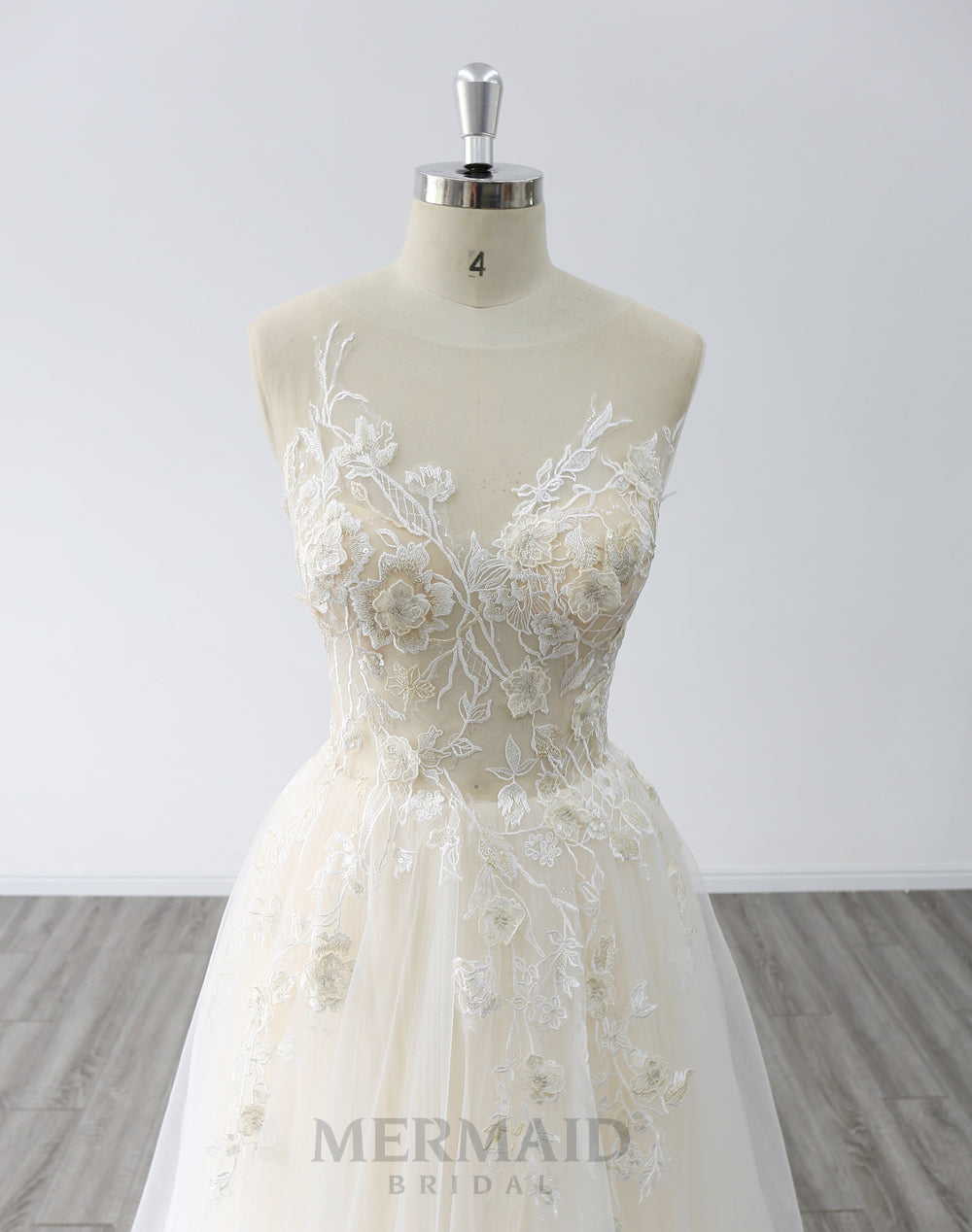 New Scoop Neck Sweep Train Pleated Tulle A Line Wedding Dress