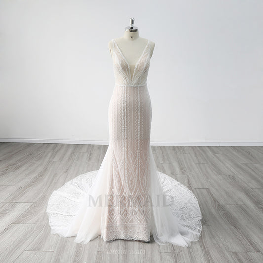 Sexy Backless V-Neck Court Train Heavy Beaded Mermaid Wedding Dress 2024