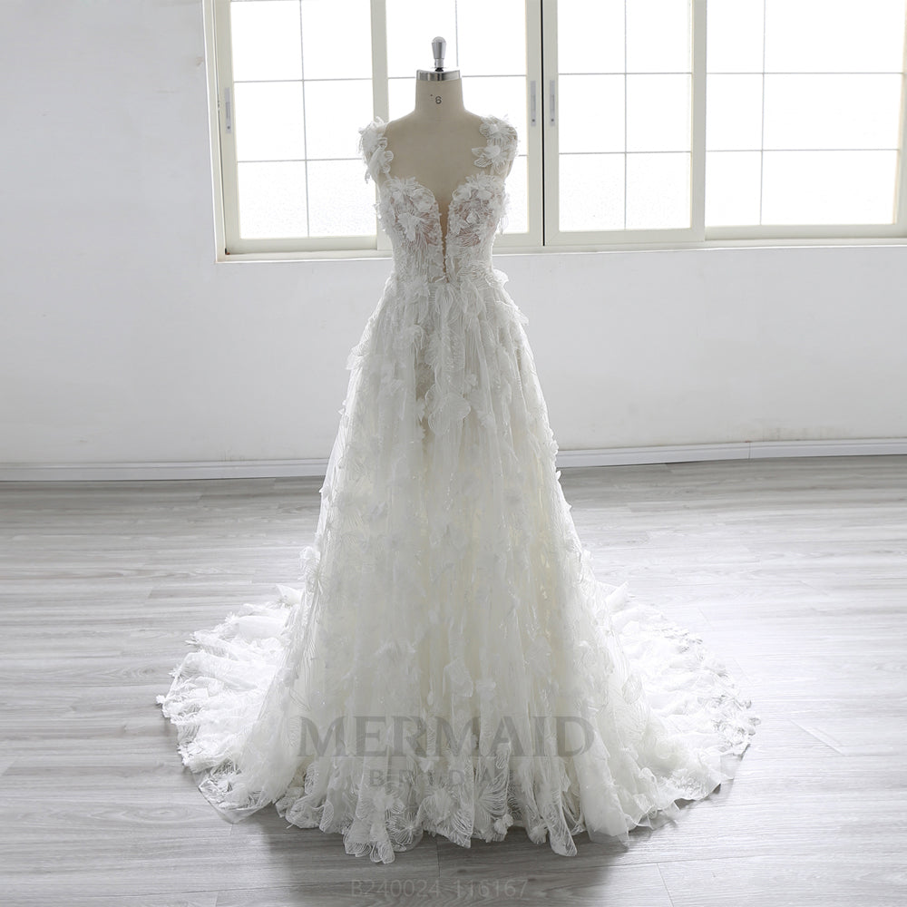 Luxury 3D Lace Flowers Lace V Neck Court Train Wedding Dress 2025