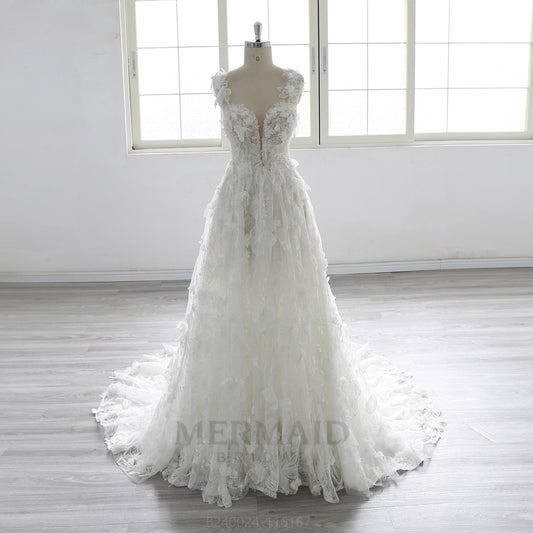 Luxury 3D Lace Flowers Lace V Neck Court Train Wedding Dress 2025