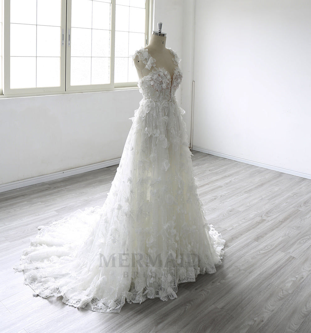 Luxury 3D Lace Flowers Lace V Neck Court Train Wedding Dress 2025