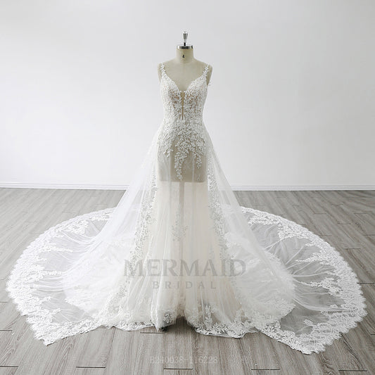 2 in 1 Spaghetti Straps V Neck Chapel Train Beaded Mermaid Wedding Dress