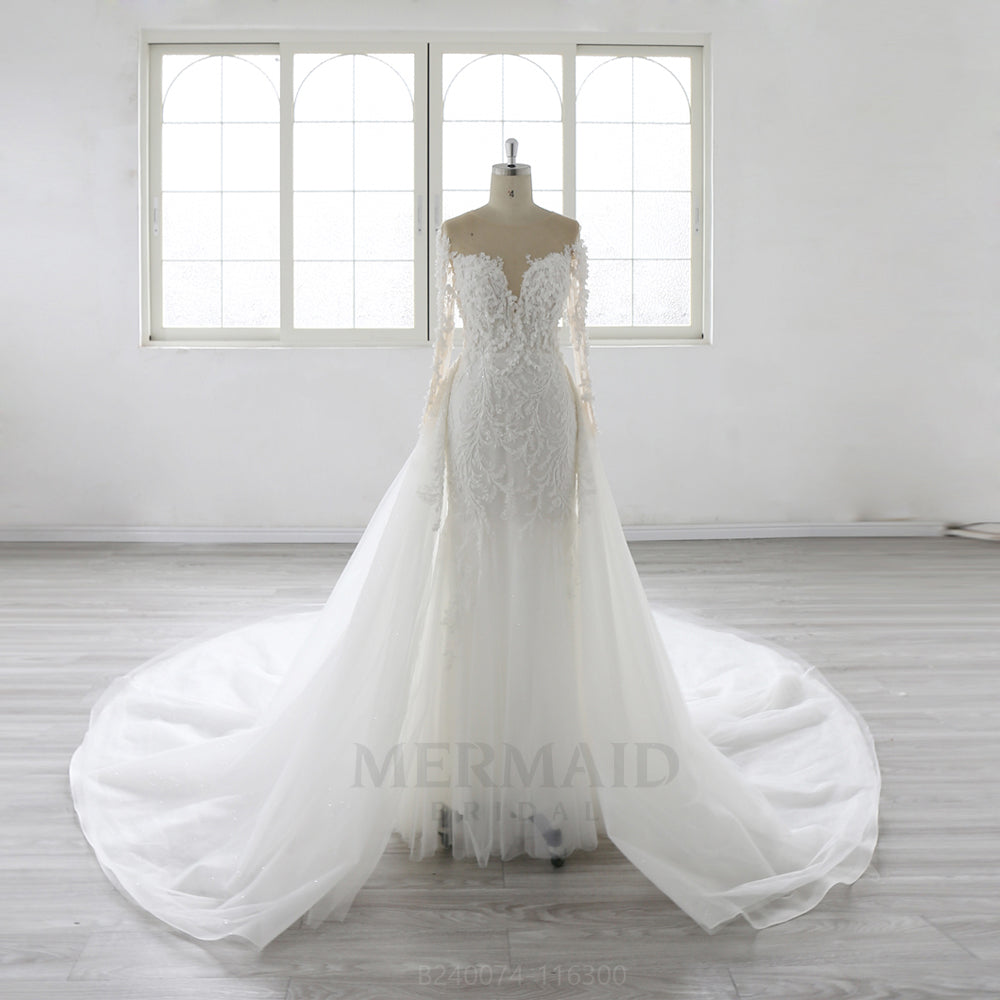 Luxury 3D Lace Flowers Lace V Neck Court Train 2 in 1 detachable Wedding Dress 2025