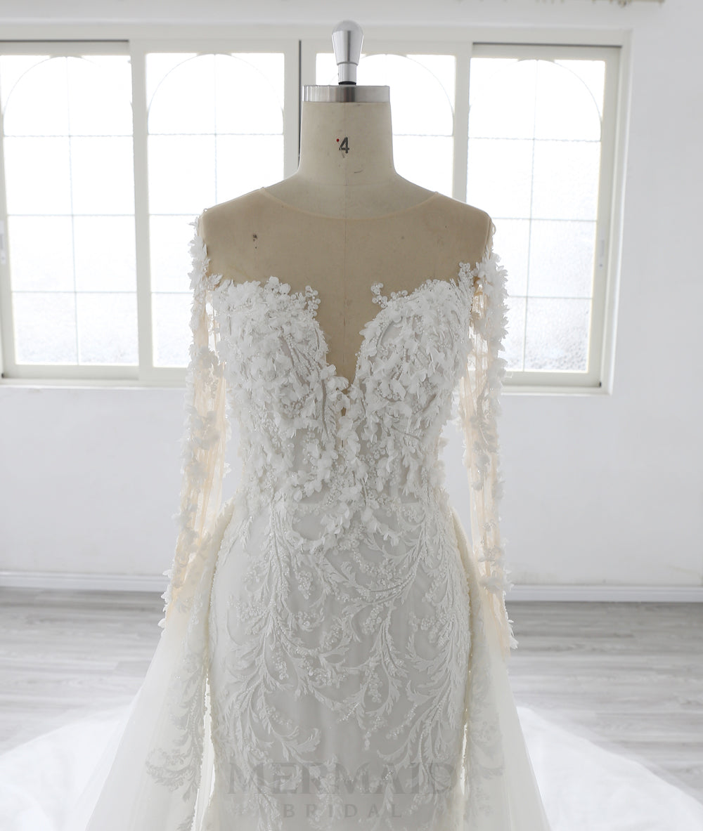 Luxury 3D Lace Flowers Lace V Neck Court Train 2 in 1 detachable Wedding Dress 2025