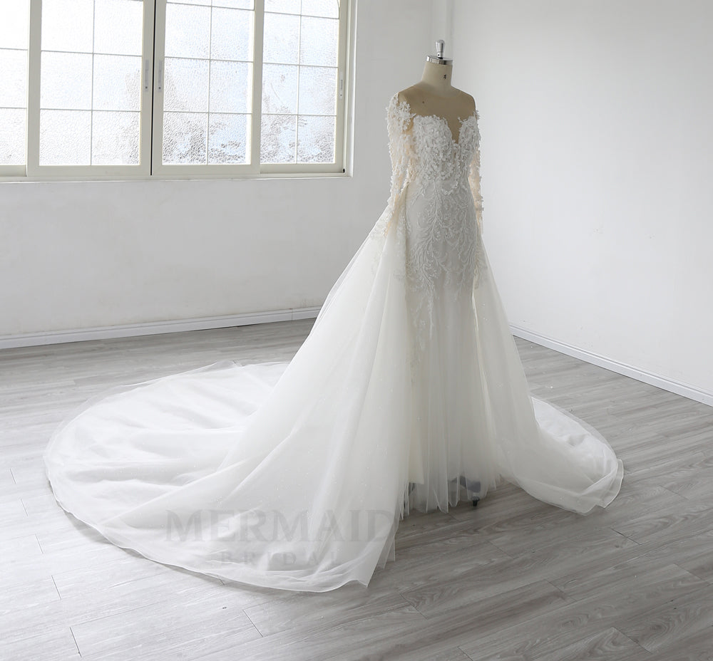 Luxury 3D Lace Flowers Lace V Neck Court Train 2 in 1 detachable Wedding Dress 2025