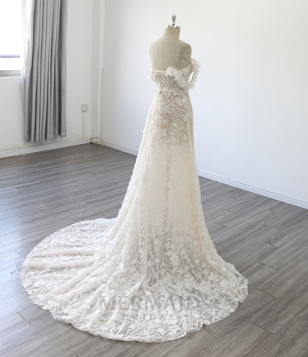 New Off Shoulder V Neck Court Train A Line Heavy Beaded Lace Wedding Dress