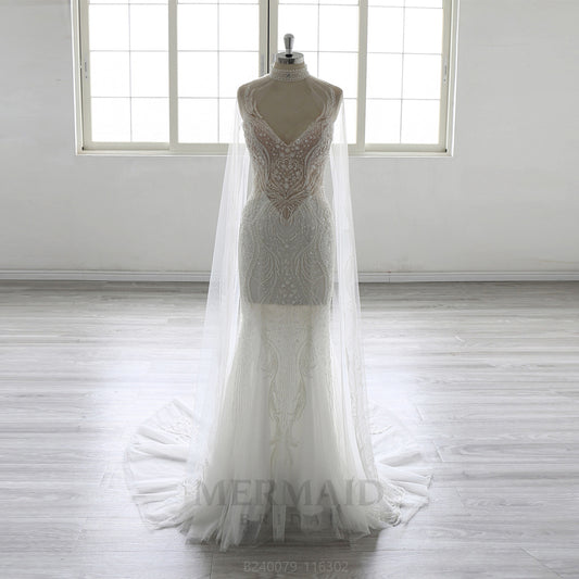 Detachable Sleeves V Neck Court Trian Heavy Beaded Mermaid Wedding Dress
