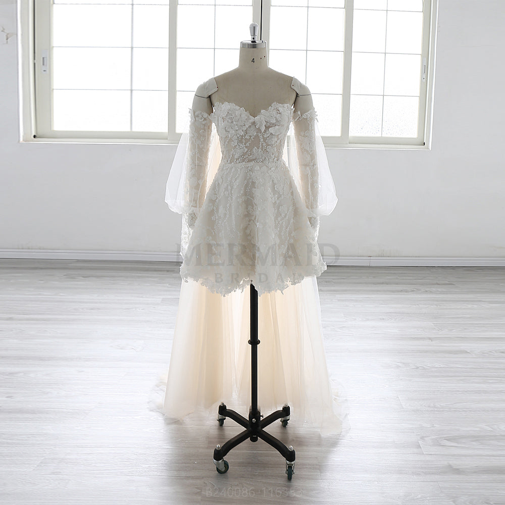 New Detachable Long Sleeves Knee Length Beaded Short Wedding Dress