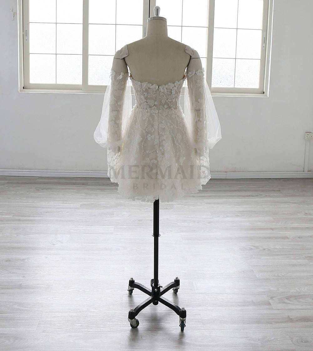 New Detachable Long Sleeves Knee Length Beaded Short Wedding Dress