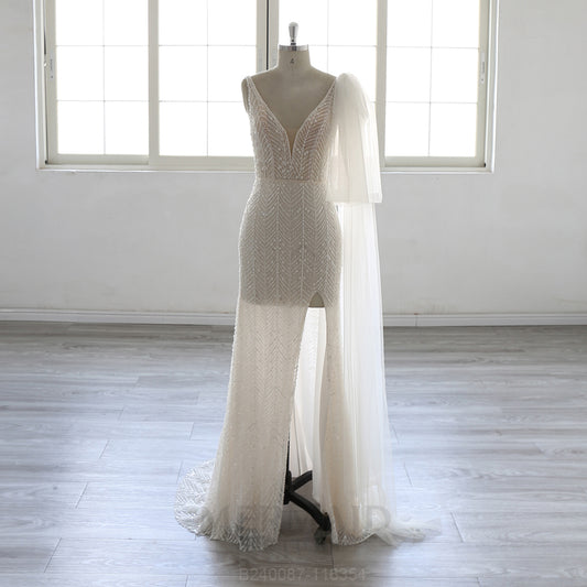 New V Neck Sweep train Heavy Beaded Slit Mermaid Wedding Dress 2025