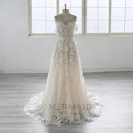 Off Shoulder Sweetheart Court Train Full Lace Wedding Dress 2025