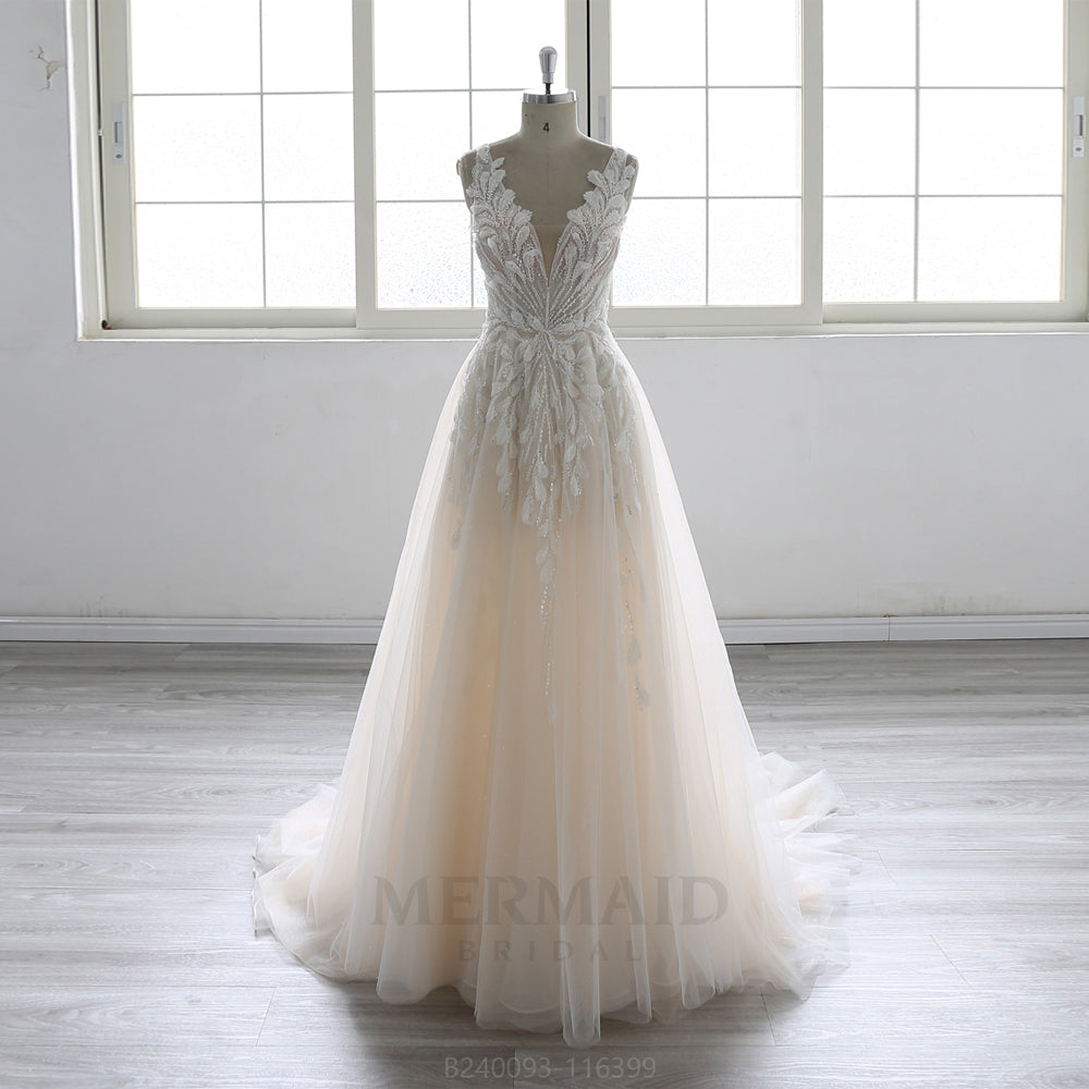 V Neck Court Train Beach Outdoor bohemian boho  wedding dress