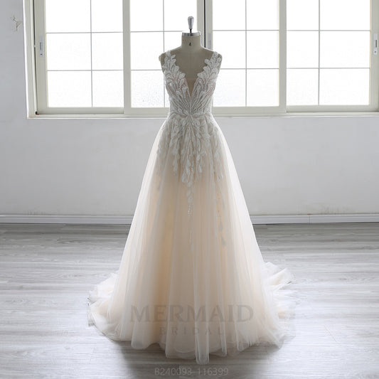 V Neck Court Train Beach Outdoor bohemian boho  wedding dress