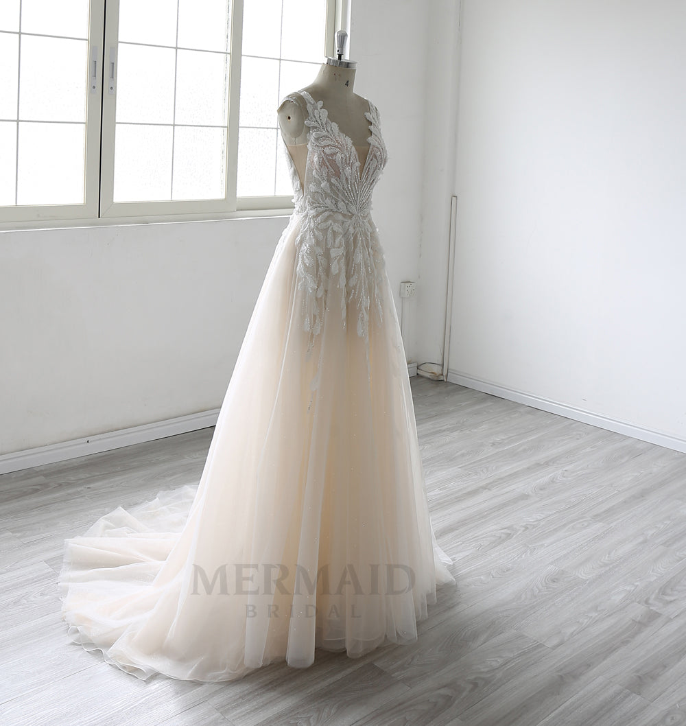 V Neck Court Train Beach Outdoor bohemian boho  wedding dress