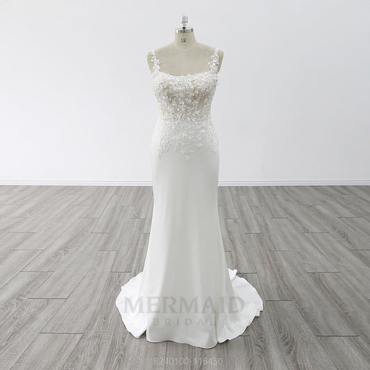 Scoop Neck Sweep Train Lace Wedding Gown Crepe Mermaid Wedding Dress