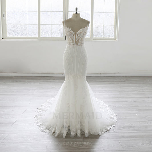 Spaghetti Straps V Neck Court Train Mermaid Wedding Dress 2025