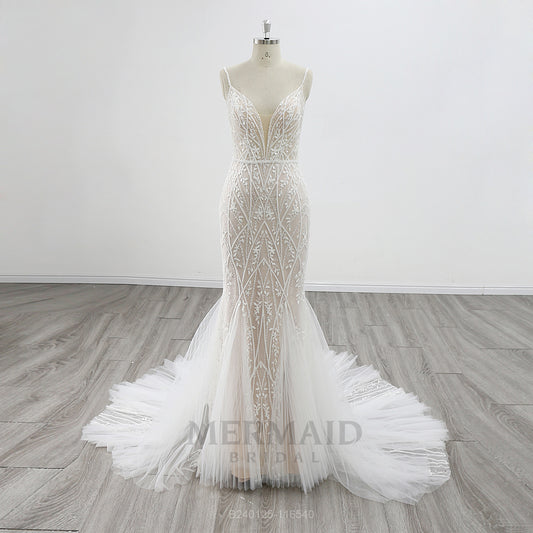 New Spaghetti Straps V Neck  Court Train Beaded Lace Mermaid Wedding Dress