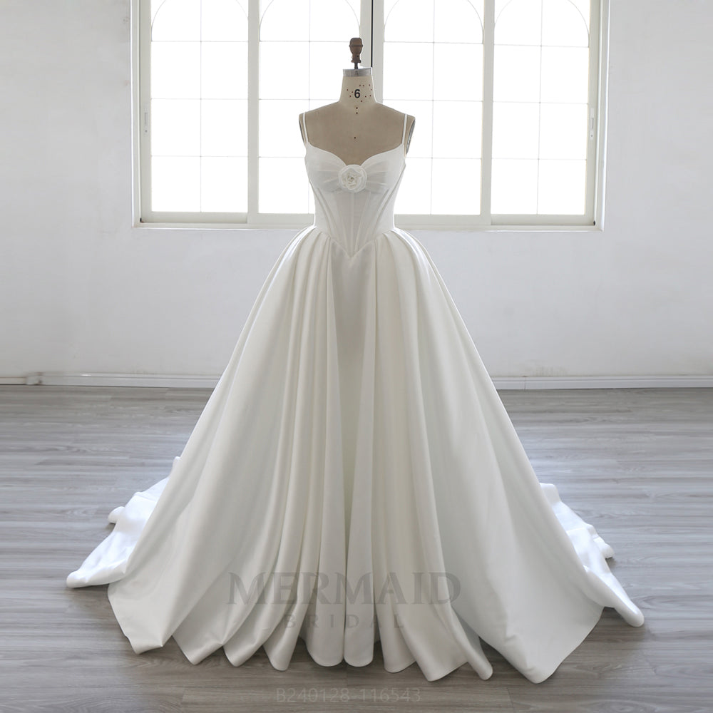 Spaghetti Straps V Neck Chapel Train Mikado Ball Gown Wedding Dress