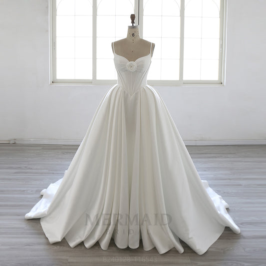 Spaghetti Straps V Neck Chapel Train Mikado Ball Gown Wedding Dress