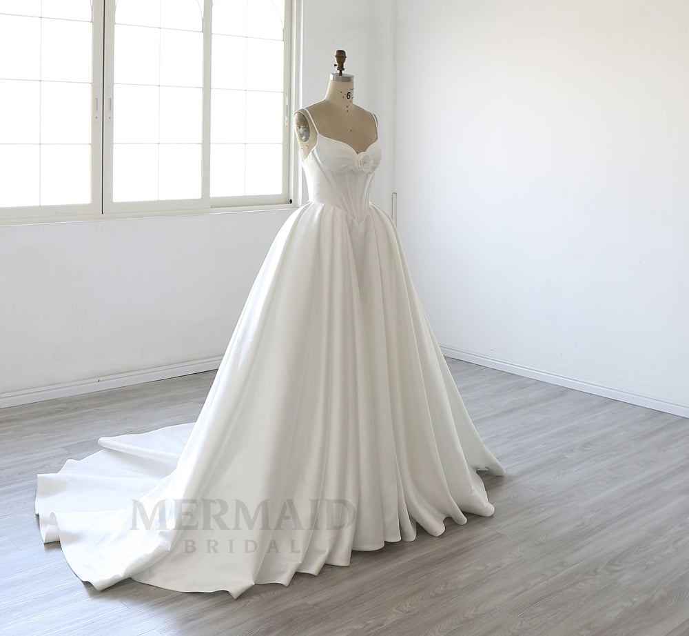 Spaghetti Straps V Neck Chapel Train Mikado Ball Gown Wedding Dress
