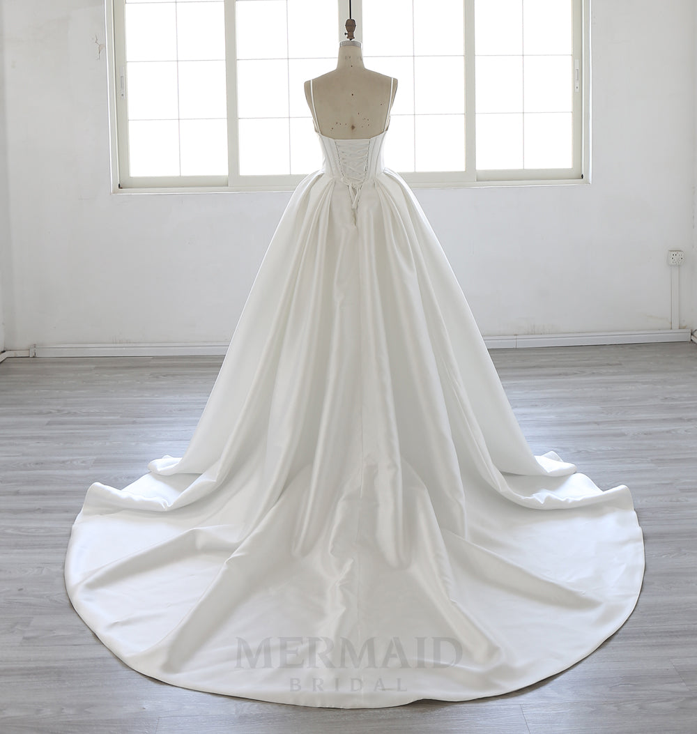 Spaghetti Straps V Neck Chapel Train Mikado Ball Gown Wedding Dress