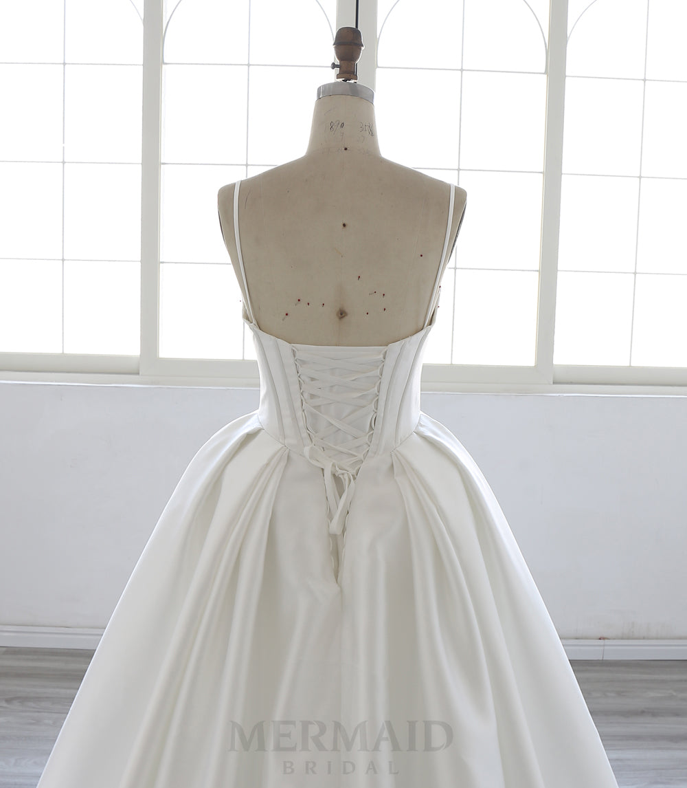 Spaghetti Straps V Neck Chapel Train Mikado Ball Gown Wedding Dress