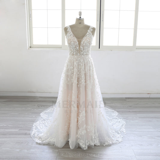 Luxury Bridal Gown with Deep V Neckline and Flowing Lace Wedding Dress