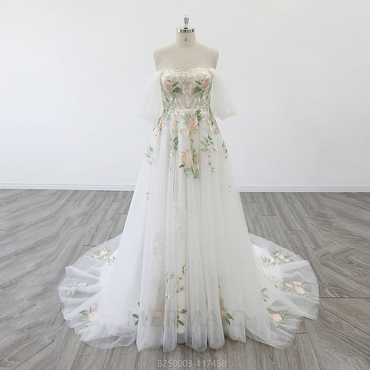 Off Shoulder Sweetheart Court Train Boho Colorful Wedding Dress