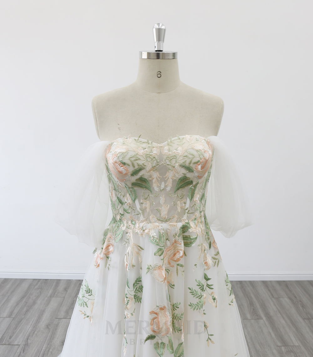 Off Shoulder Sweetheart Court Train Boho Colorful Wedding Dress